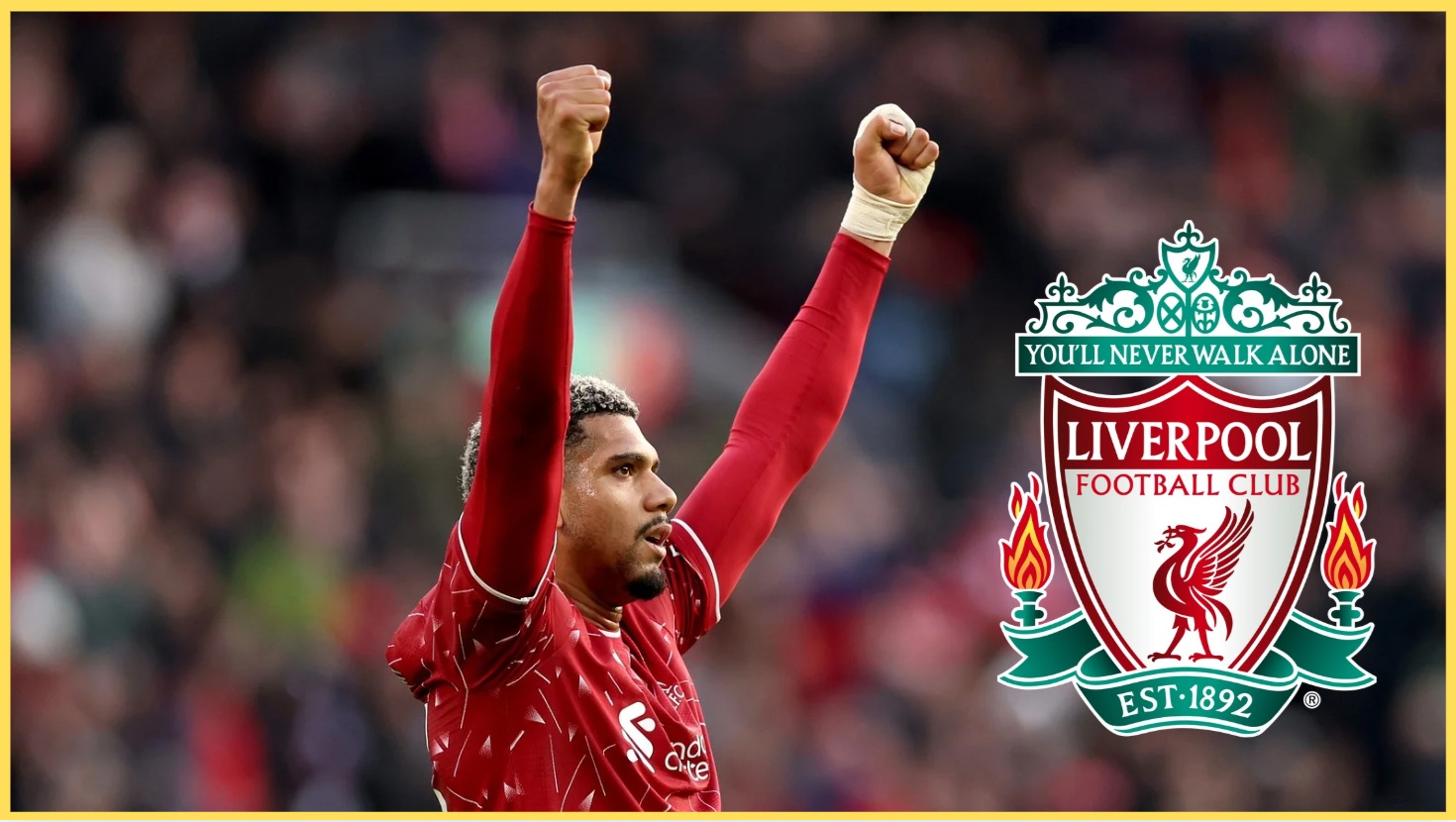 Ronald Araujo raises his arms in celebration after a win for Liverpool