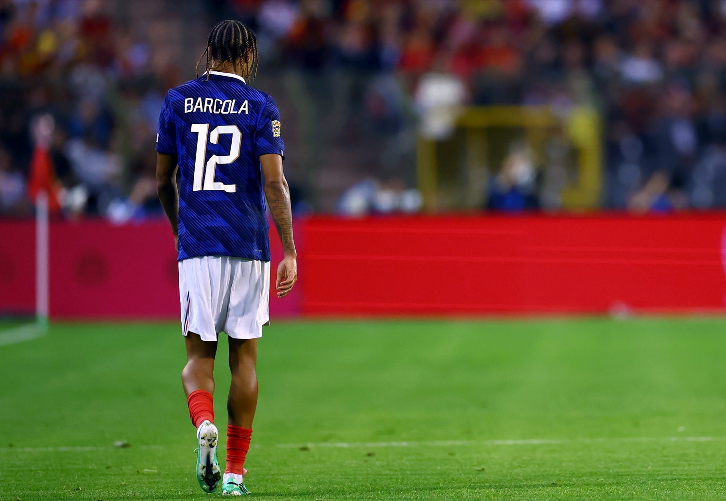 Bradley Barcola pictured from behind while playing for France