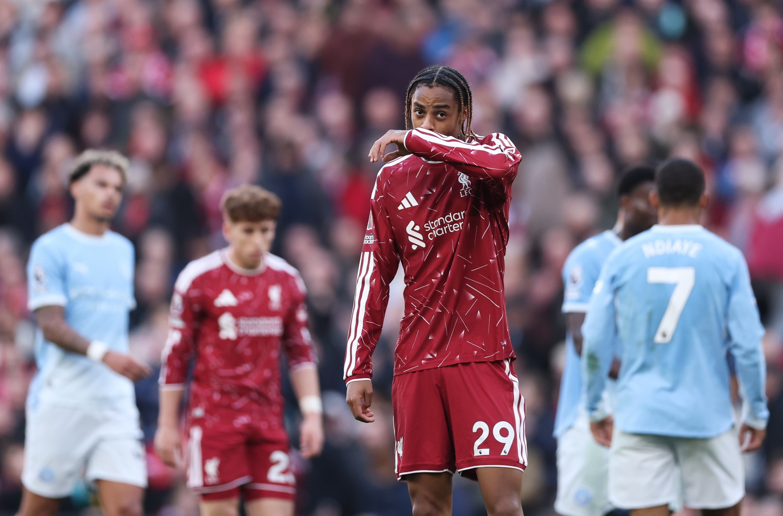 Bradley Barcola reacts during Liverpool's defeat to Man City