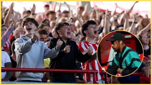 Brentford fans celebrate a goal for their team, with Bradley Barcola inset