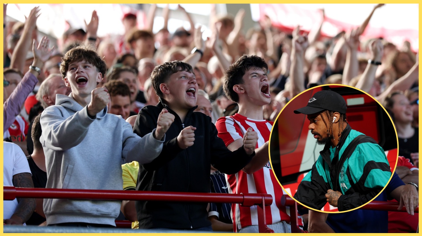 Brentford fans celebrate a goal for their team, with Bradley Barcola inset