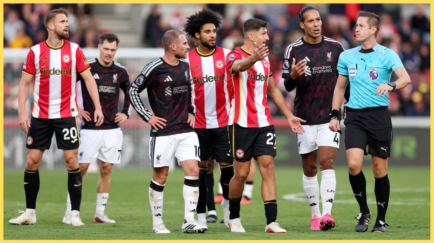 Players from Brentford and Liverpool protest to John Brooks
