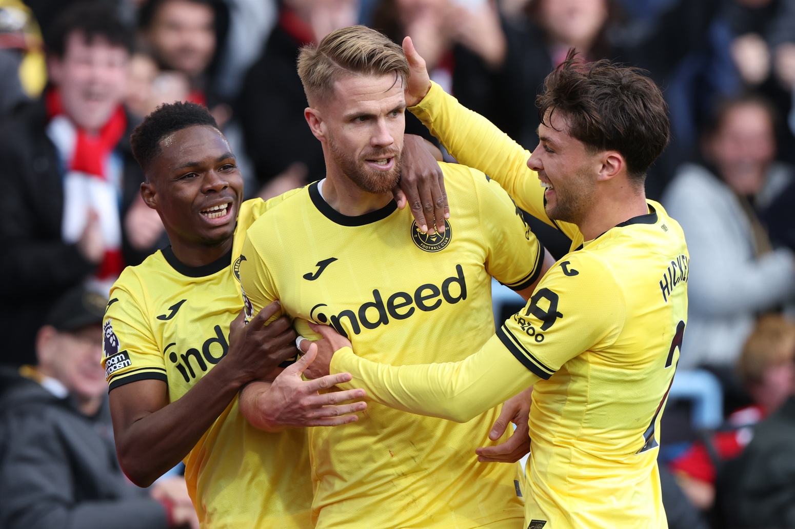 Brentford players celebrate Kristoffer Ajer's goal against Aston Villa last weekend