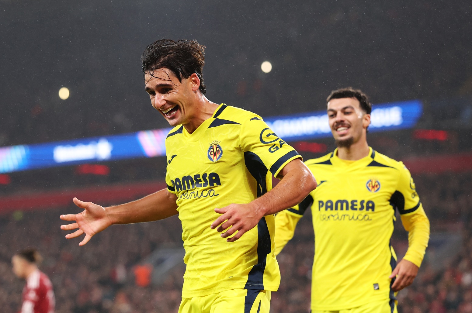 Sergi Cardona celebrates putting Villarreal 2-0 ahead against Liverpool