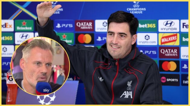 Andoni Iraola greets reporters at a press conference, with Jamie Carragher inset
