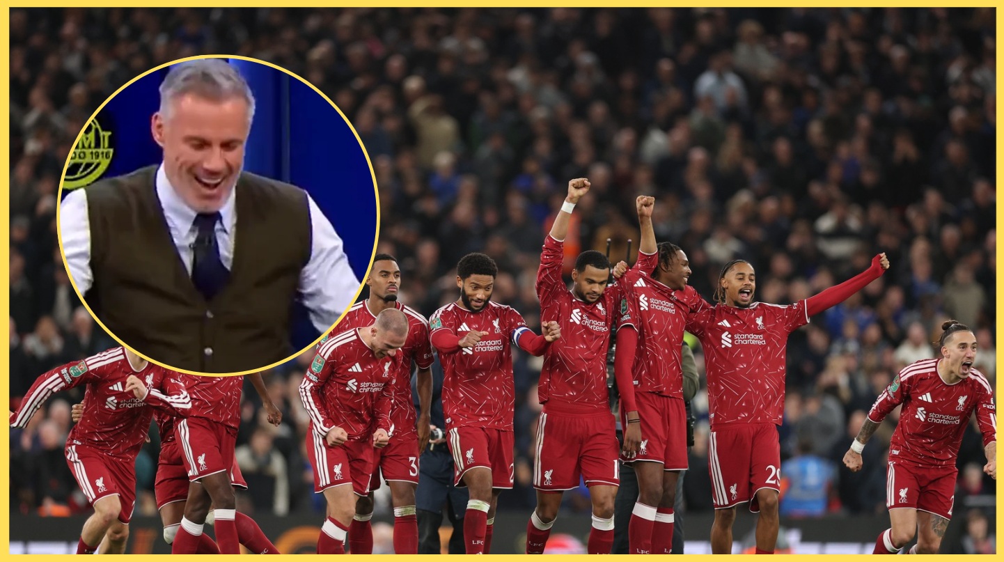 Liverpool players celebrate their penalty shootout triumph over Chelsea, with Jamie Carragher inset