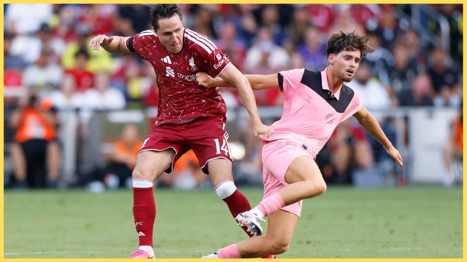 Federico Chiesa challenges Jack Whitaker during Liverpool's pre-season friendly against Sunderland