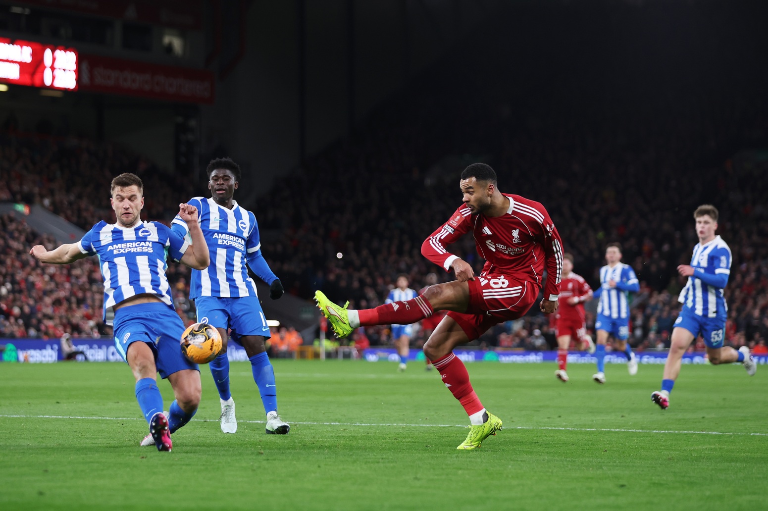 Cody Gakpo shoots at goal in Liverpool's win over Brighton in February 2026