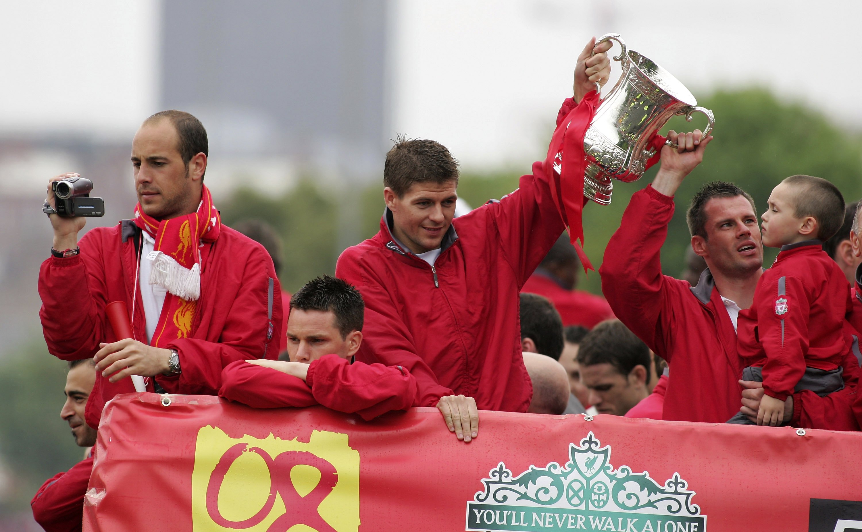 Steven Gerrard and his Liverpool teammates celebrate winning the FA Cup in 2006