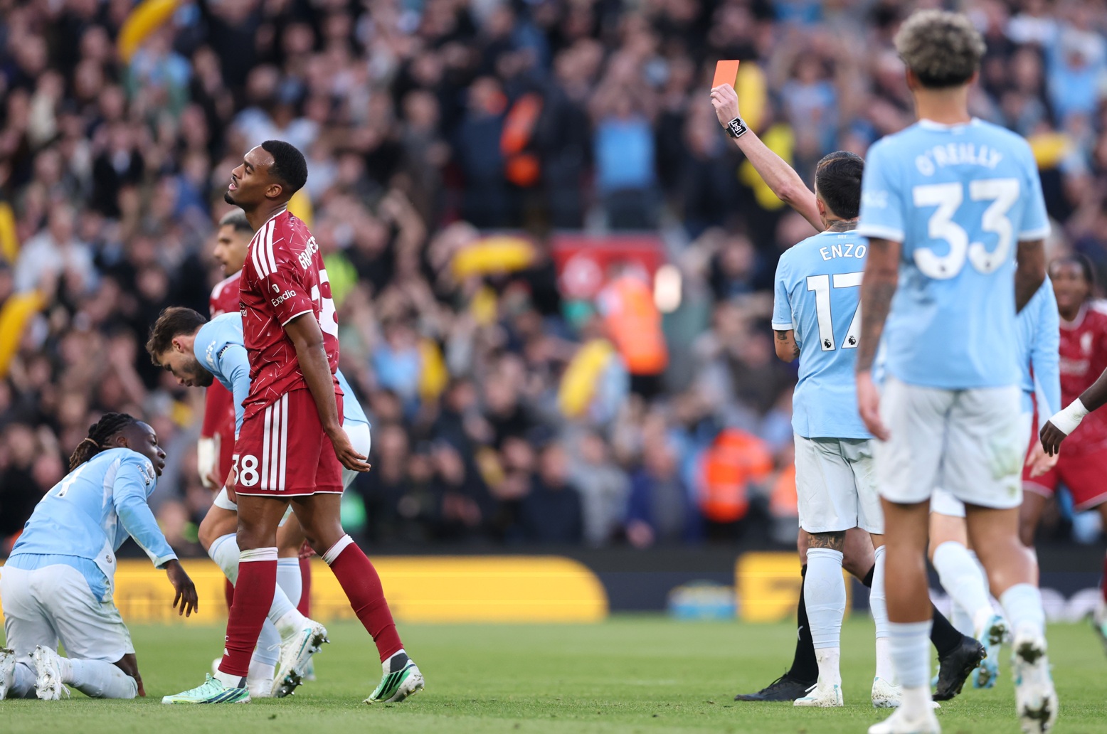 Ryan Gravenberch is shown the red card in Liverpool's defeat to Man City