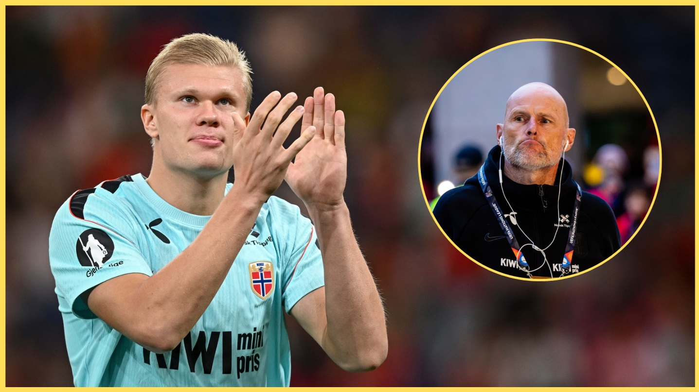 Erling Haaland applauds Norway supporters, with head coach Stale Solbakken inset