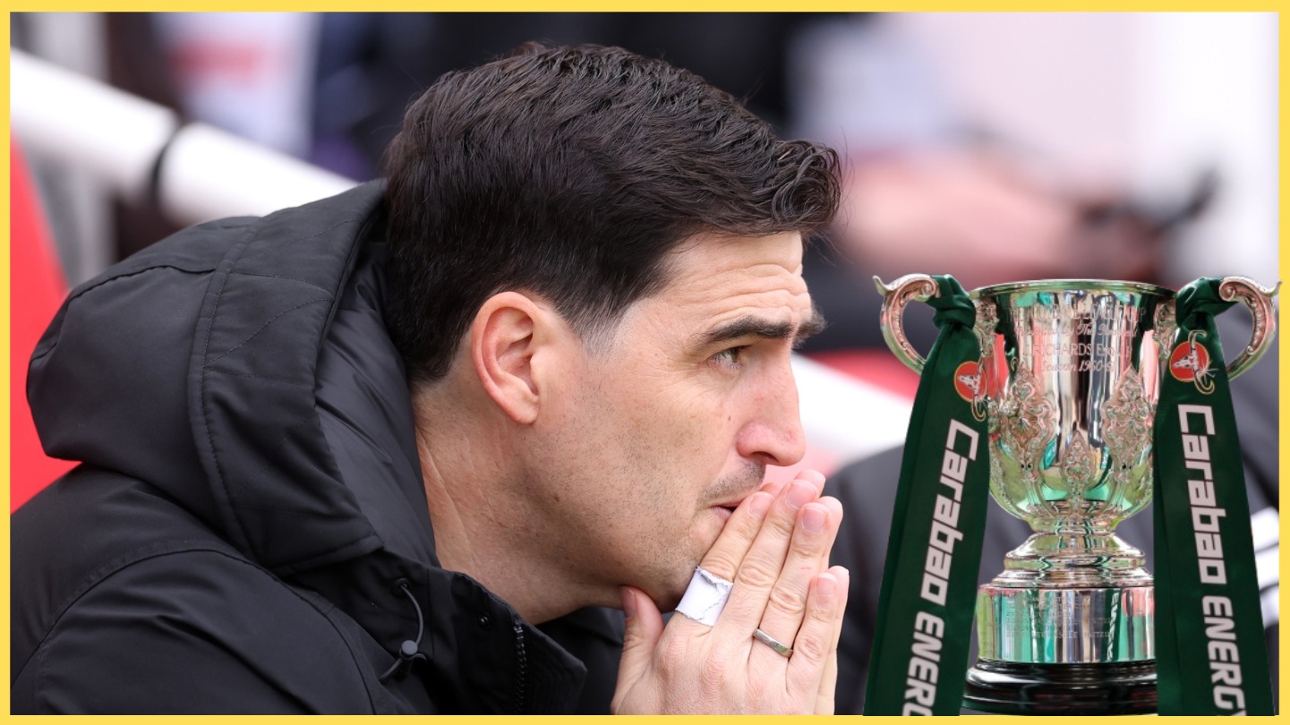 Andoni Iraola pictured beside an overlay of the Carabao Cup trophy