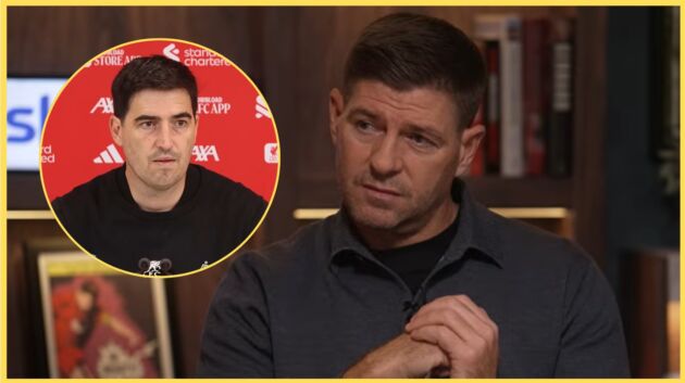 Steven Gerrard speaking on The Overlap Daily, with Andoni Iraola inset