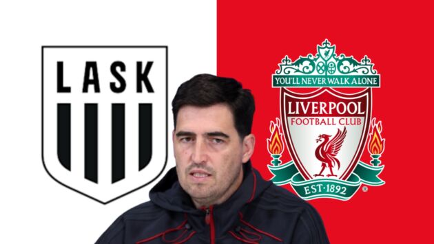 Andoni Iraola pictured between the crests of LASK and Liverpool