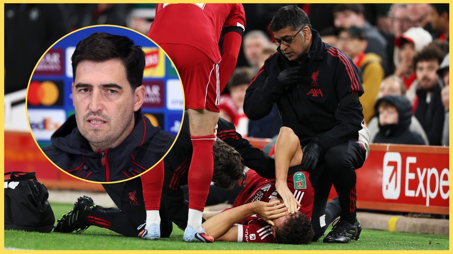 Giovanni Leoni receives treatment on the pitch, with Andoni Iraola inset