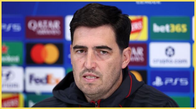 Andoni Iraola attends a press conference before a Champions League fixture