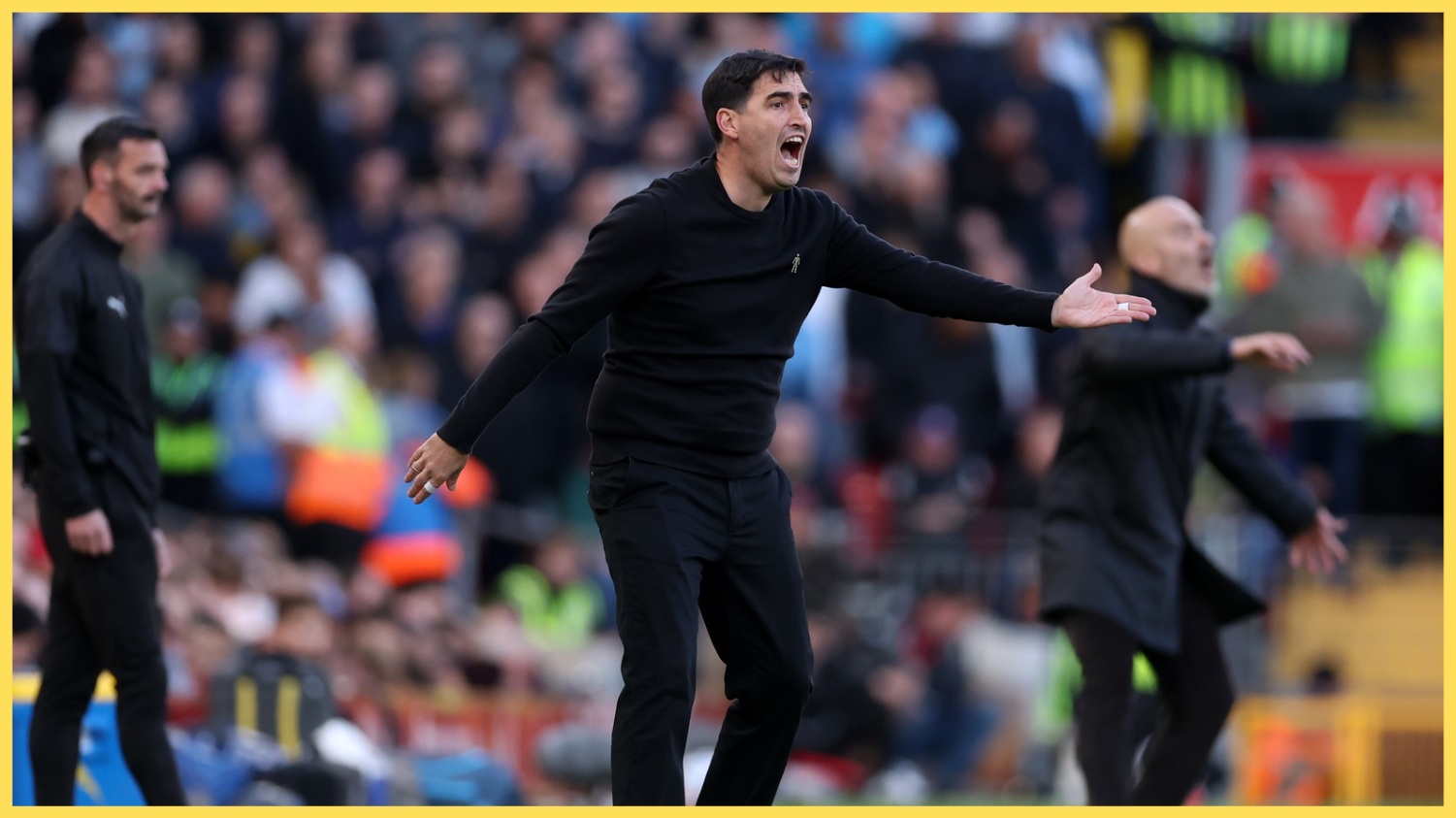 Andoni Iraola bellows instructions from the touchline at Anfield