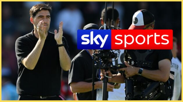 Andoni Iraola applauds after a win for Liverpool, with the Sky Sports logo imposed alongside him