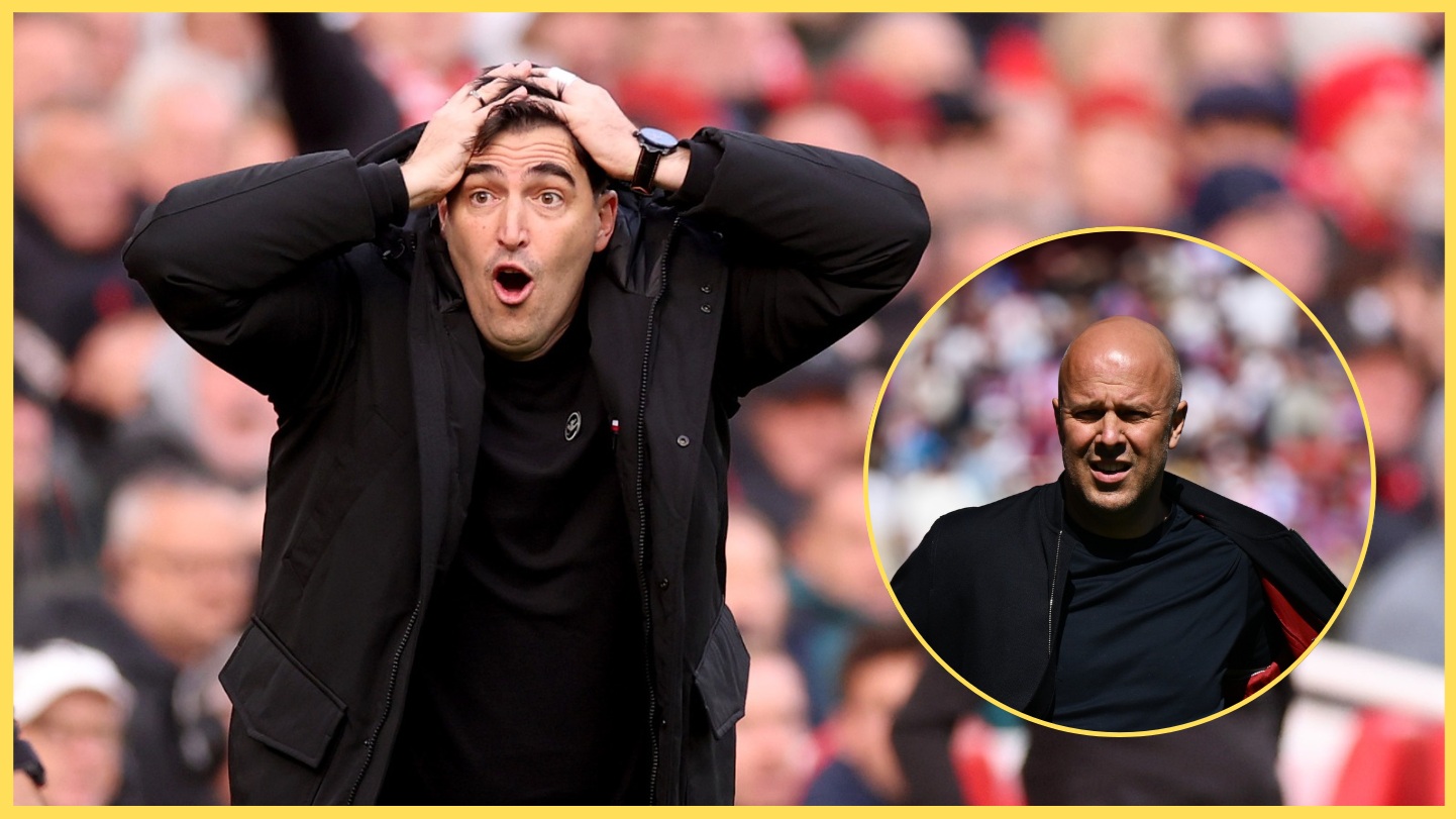 Andoni Iraola reacts during a Liverpool match, with Arne Slot inset