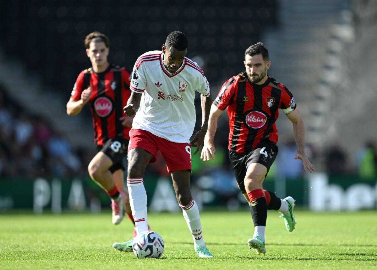 Alexander Isak is closed down by Lewis Cook