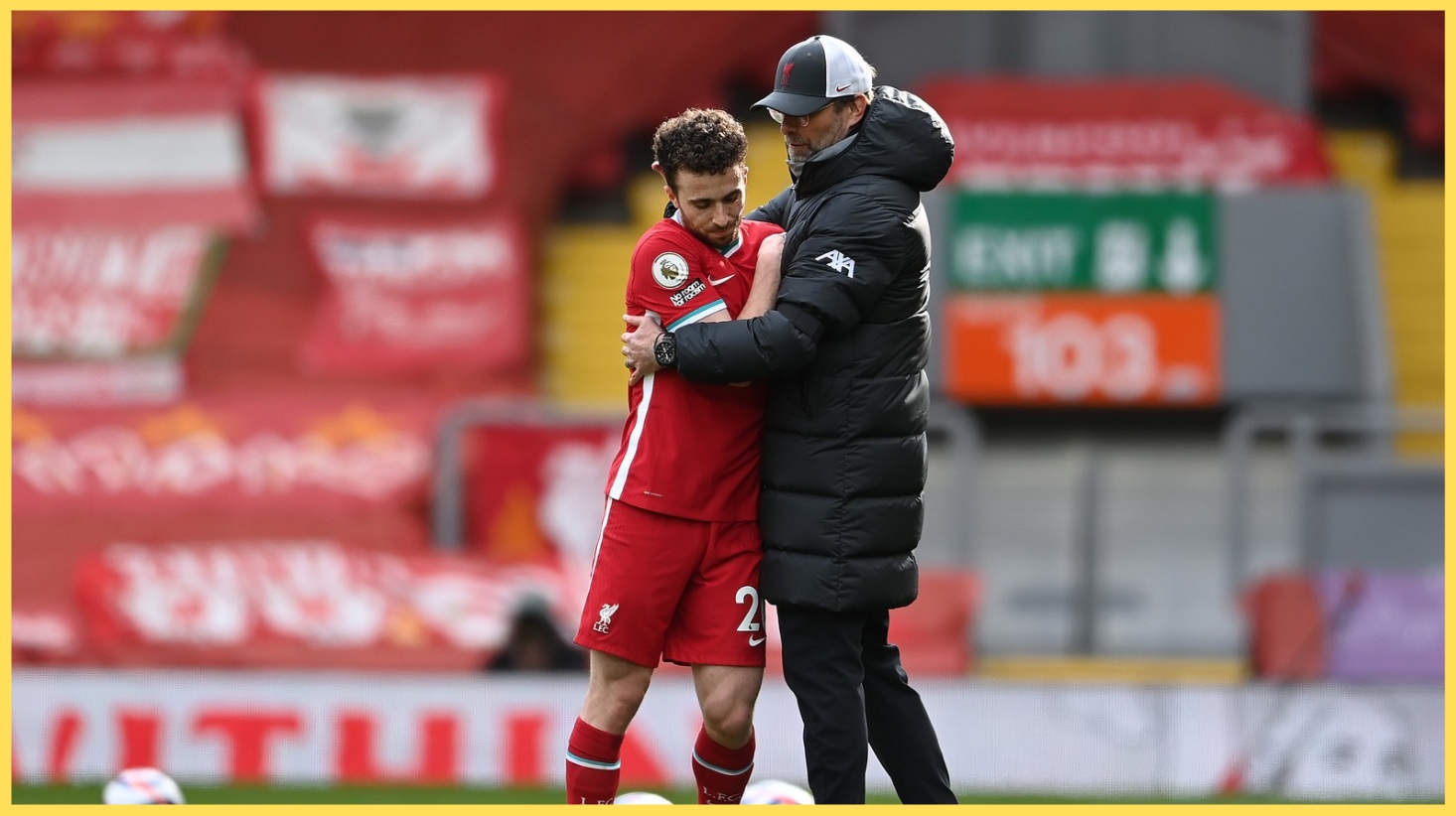Diogo Jota and Jurgen Klopp embrace at Anfield
