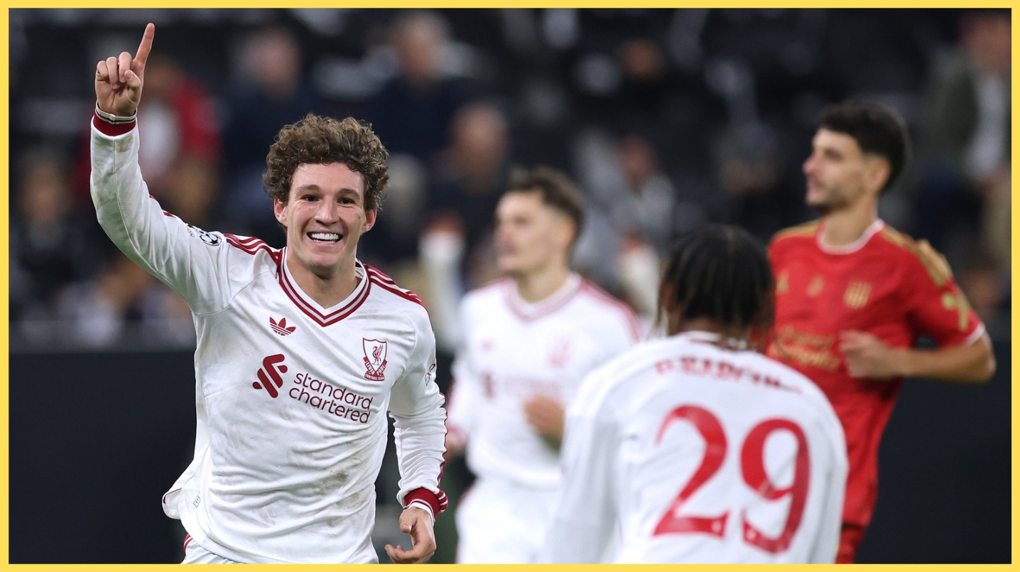 Lewis Koumas celebrates scoring for Liverpool against LASK