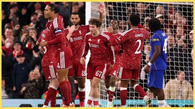 Liverpool players celebrate with Cody Gakpo after his successful penalty against Chelsea