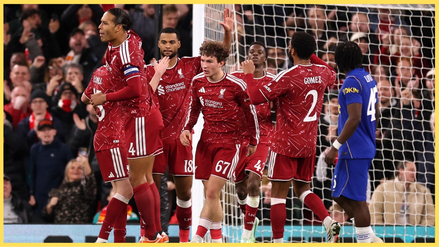 Liverpool players celebrate with Cody Gakpo after his successful penalty against Chelsea