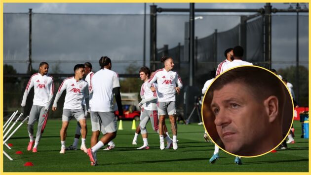 Liverpool players pictured during a training session, with Steven Gerrard inset