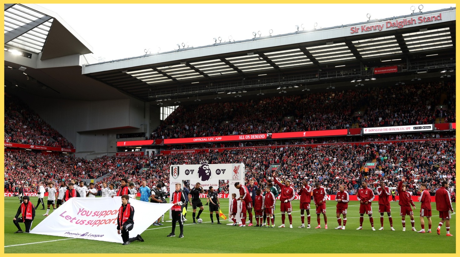 Liverpool players salute their fans before a match at Anfield