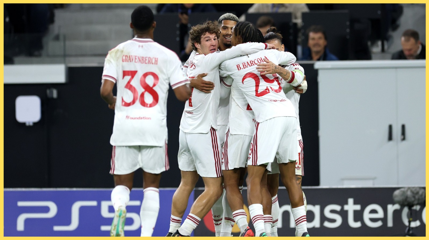 Liverpool players celebrate one of their six goals against LASK