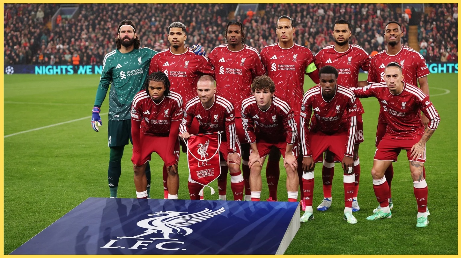 Liverpool players pose for a team photo before their match against Villarreal