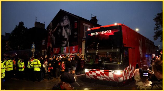 The Liverpool team bus approaches Anfield on matchday