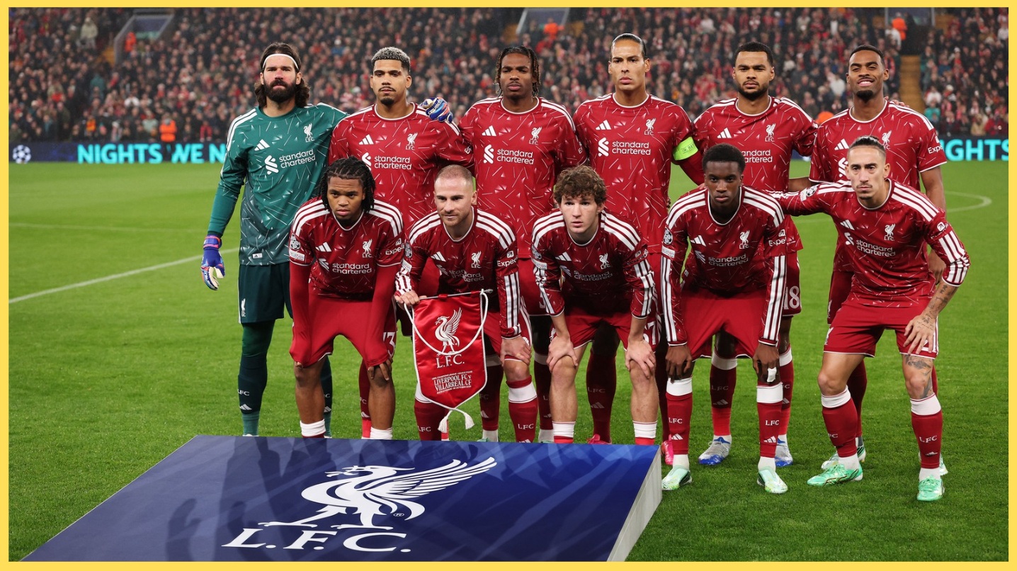 Liverpool players pose for a team photo before their match against Villarreal