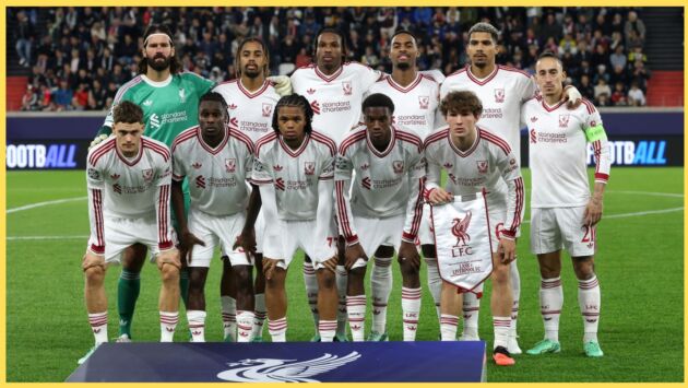 Liverpool players pose for a team photo before their game against LASK