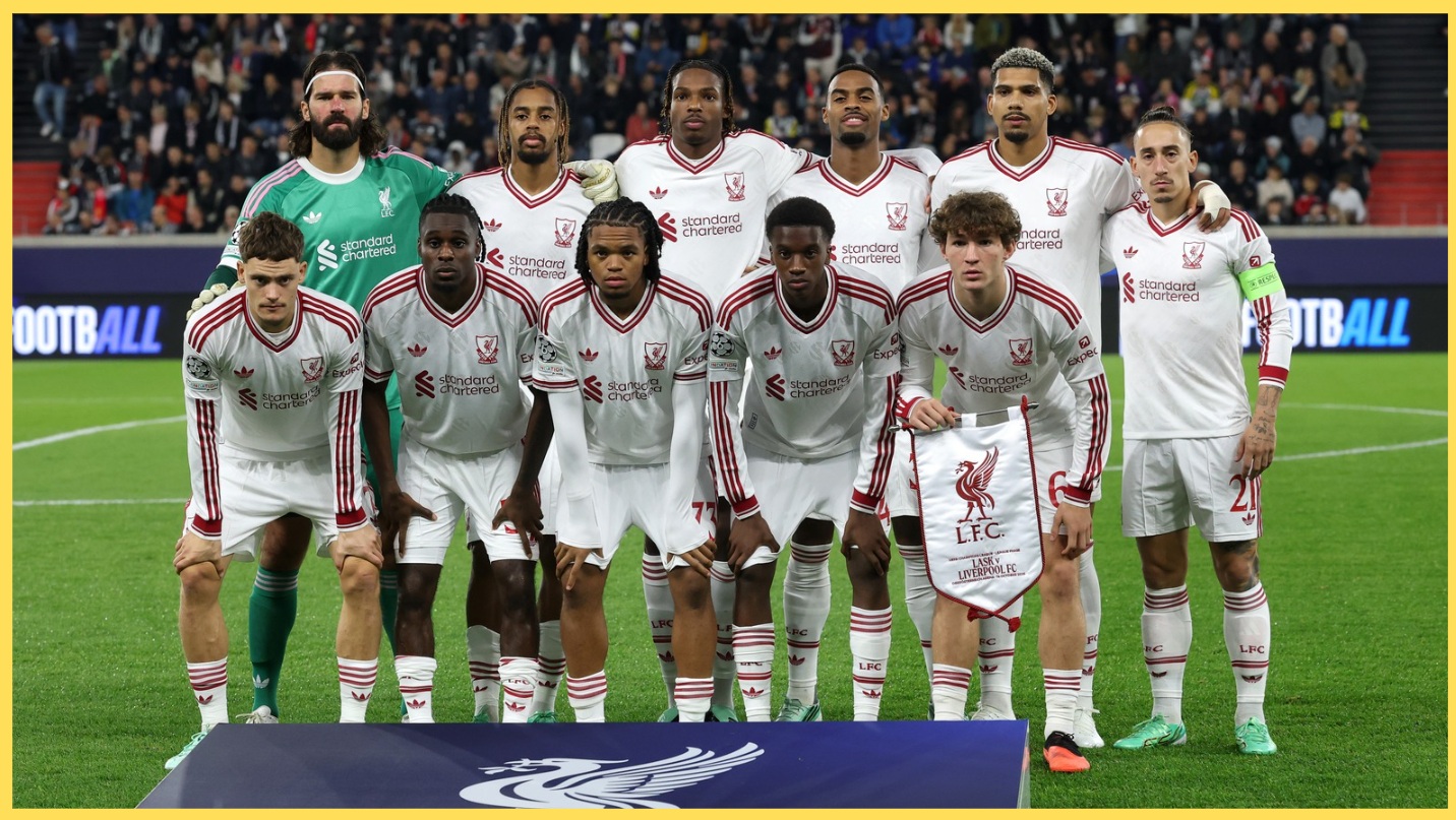 Liverpool players pose for a team photo before their game against LASK