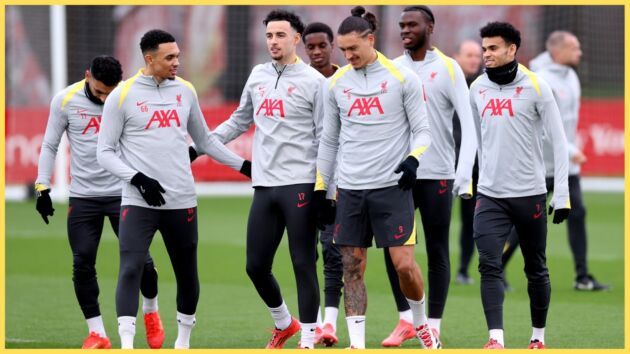 Trent Alexander-Arnold, Curtis Jones, Darwin Nunez and Luis Diaz pictured during a Liverpool training session