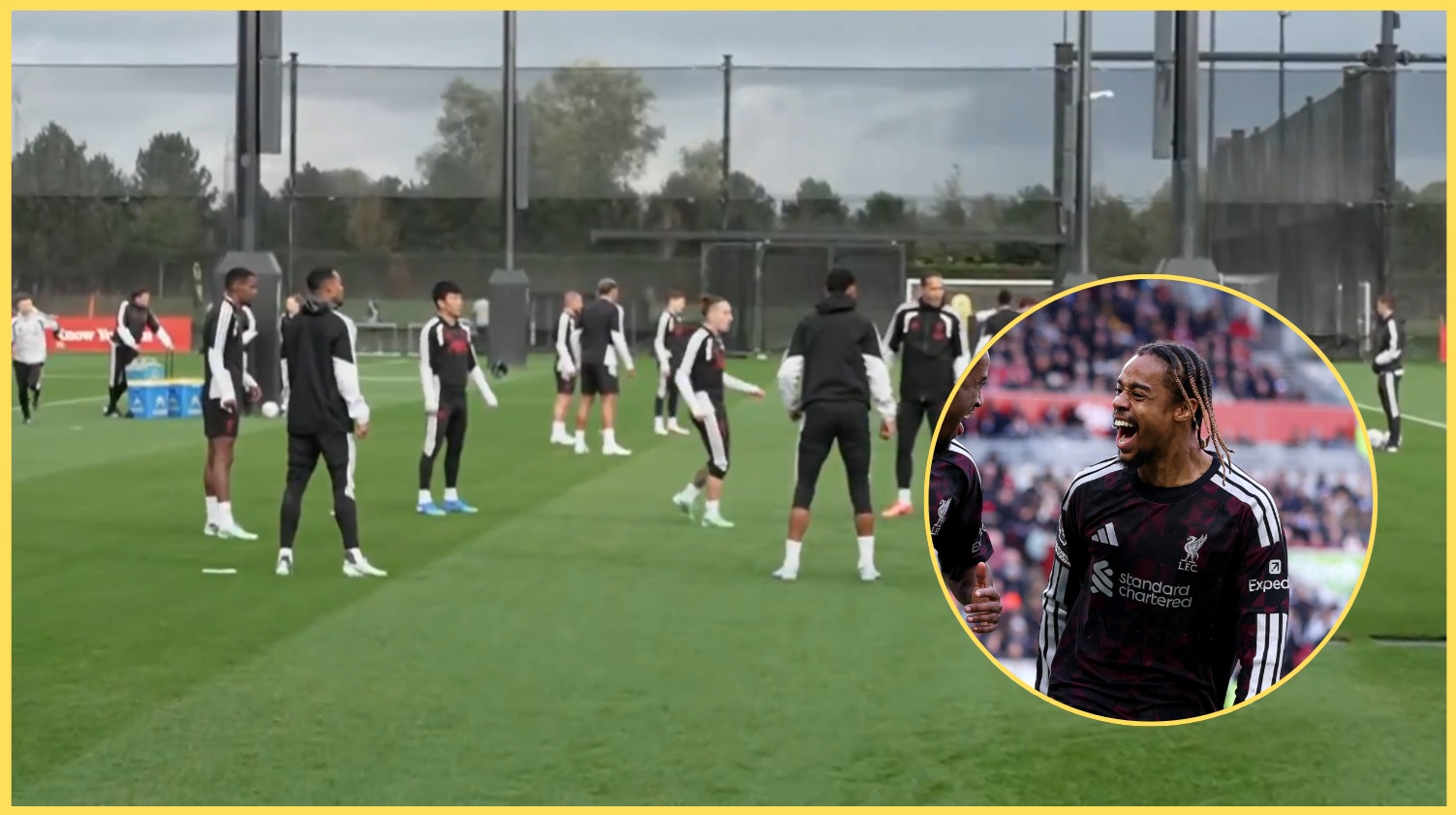 Liverpool players train in Kirkby on Thursday, with Bradley Barcola inset
