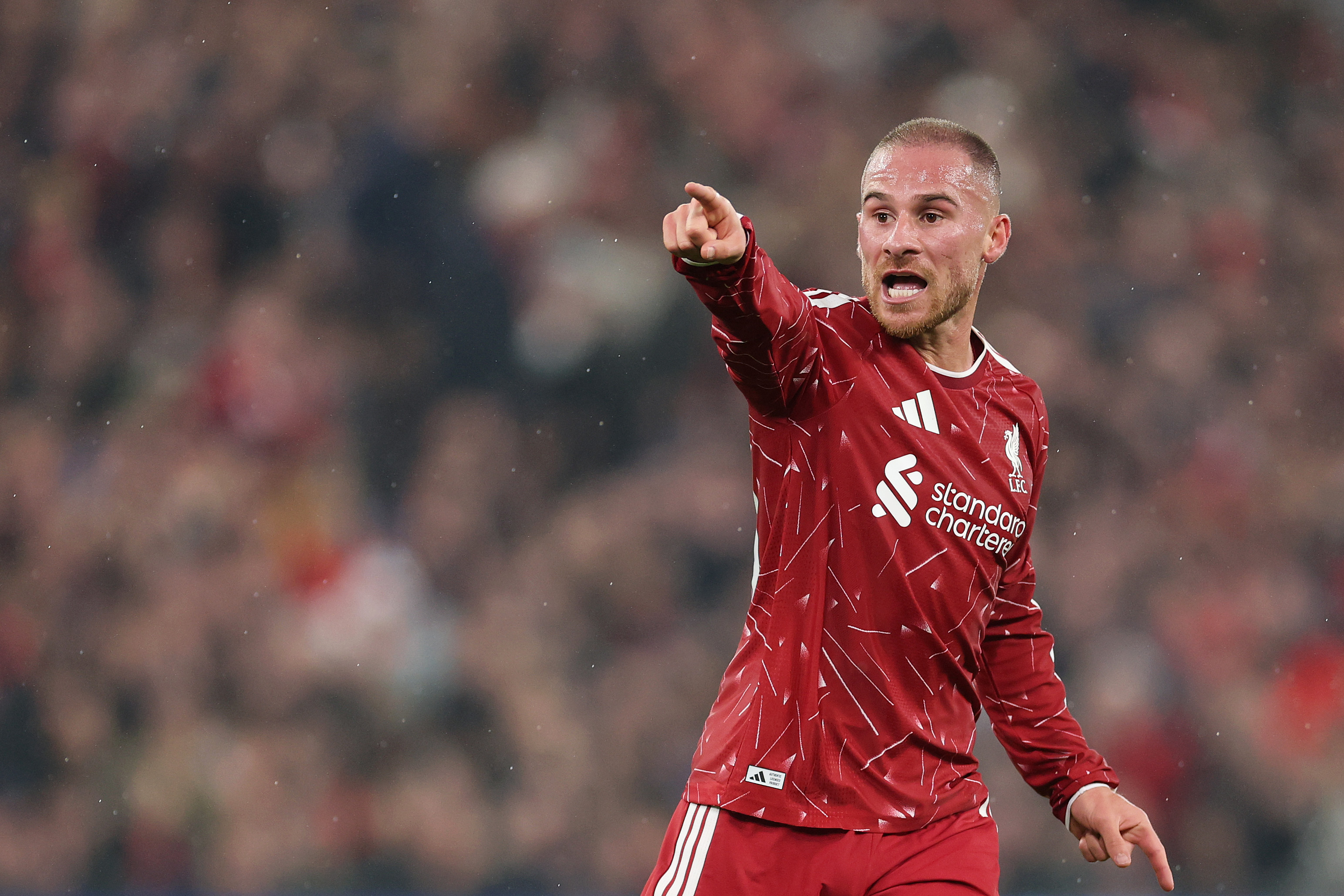 Alexis Mac Allister points at a Liverpool teammate during a match
