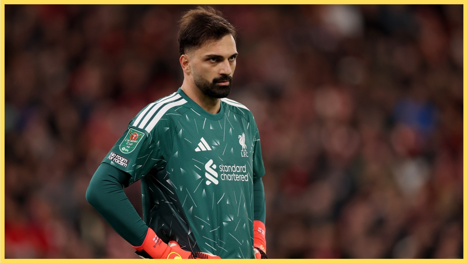Giorgi Mamardashvili looks on during a Liverpool match