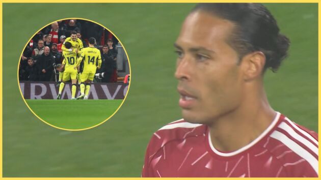 Villarreal celebrate their early goal at Anfield, with Virgil van Dijk contrite