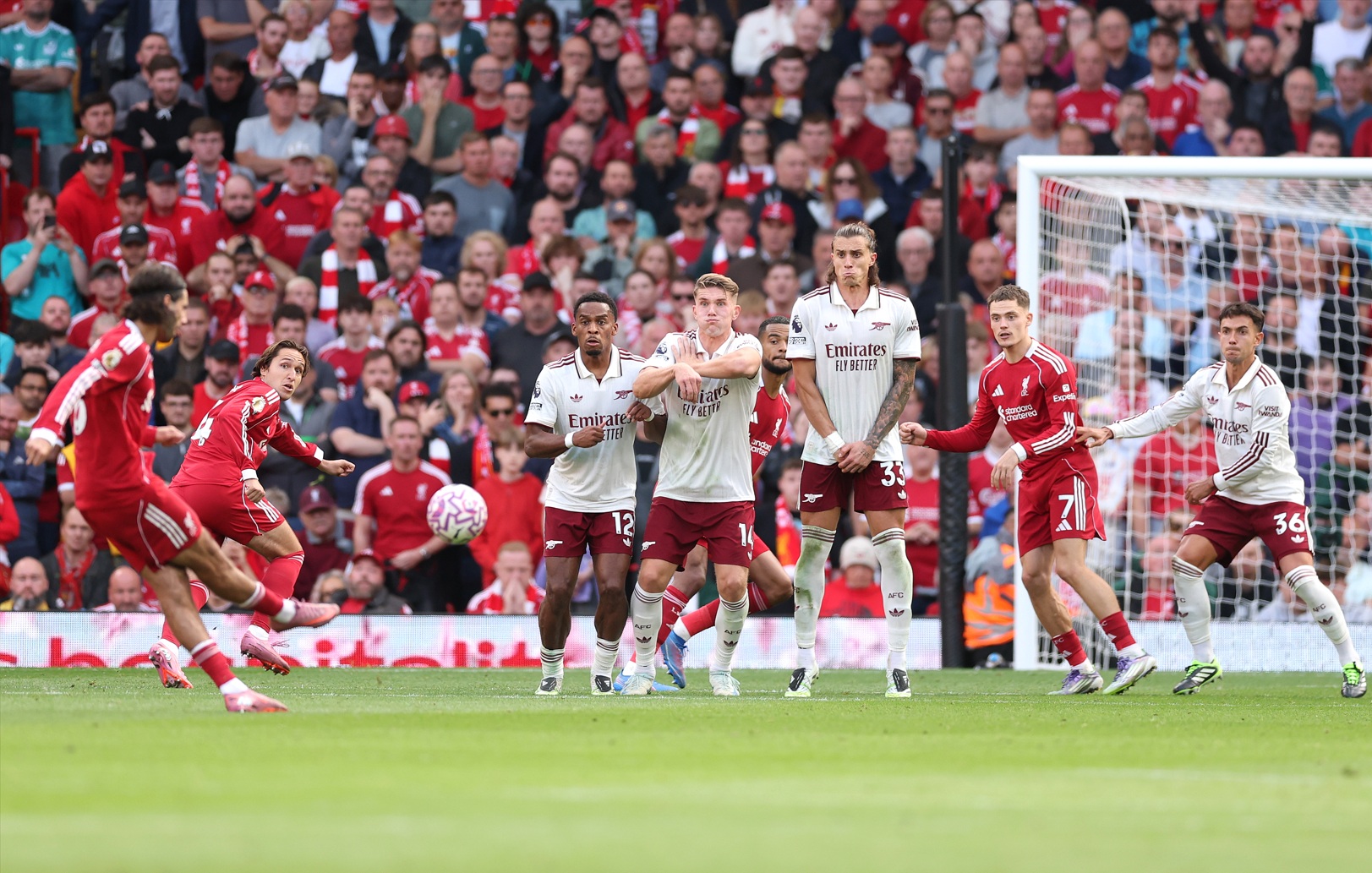 Dominik Szoboszlai scores for Liverpool in their win over Arsenal at Anfield in August 2025