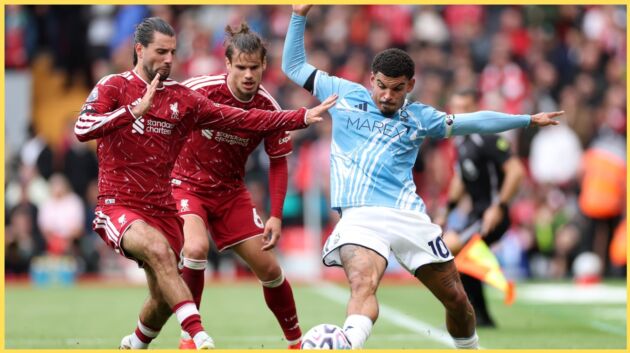 Dominik Szoboszlai and Morgan Gibbs-White tussle for possession
