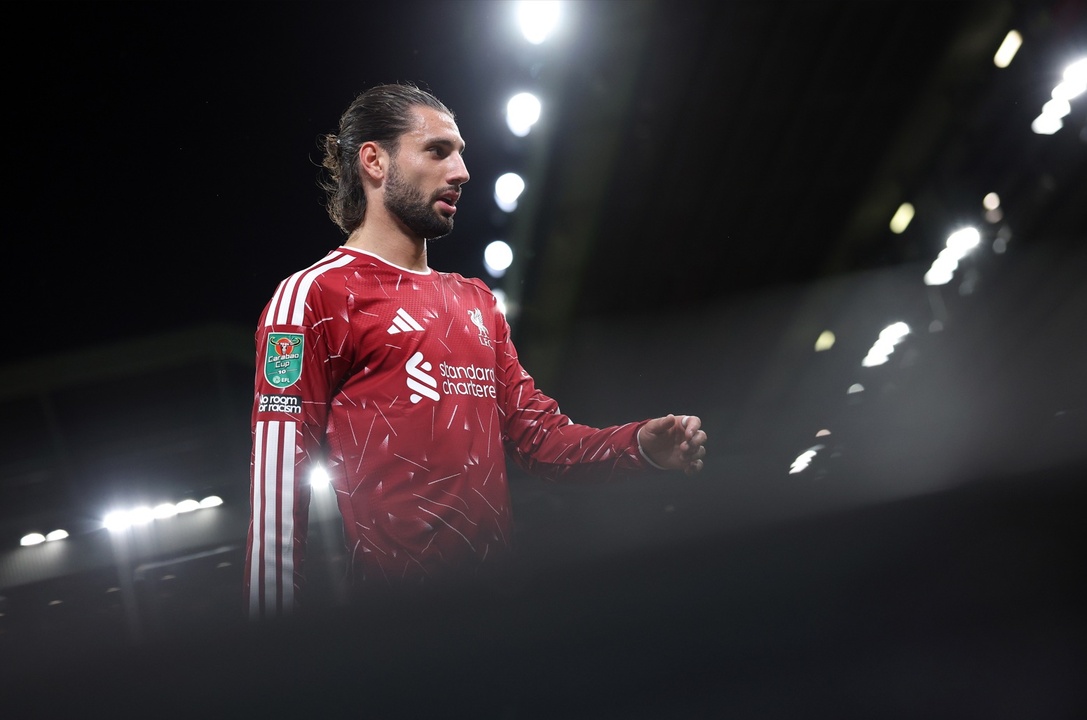 Dominik Szoboszlai walks towards the corner flag during Liverpool's Carabao Cup win over Spurs