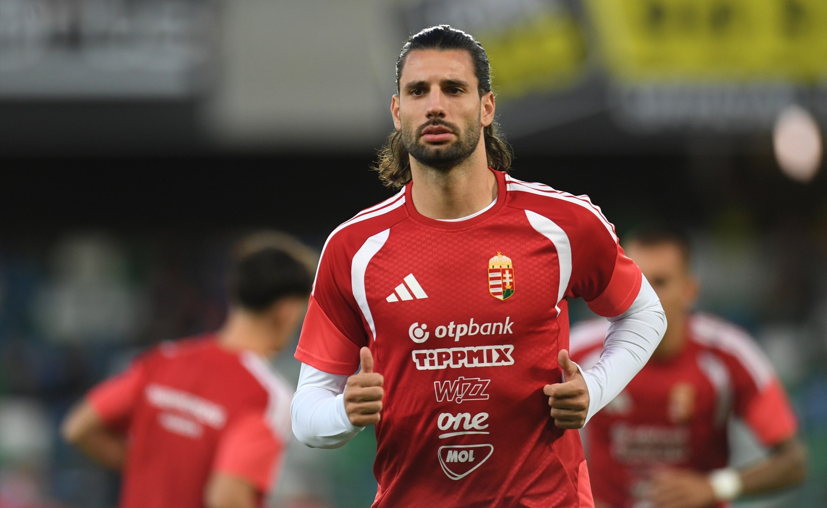 Dominik Szoboszlai pictured during the warm-up prior to a game for Hungary