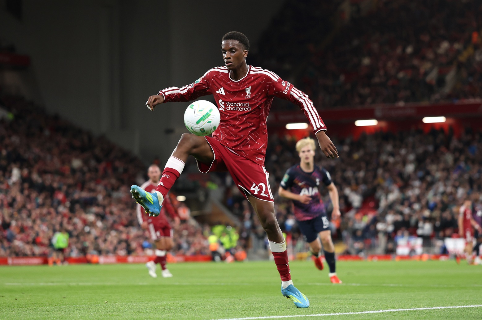 Trey Nyoni controls the ball during Liverpool's win over Spurs in the Carabao Cup