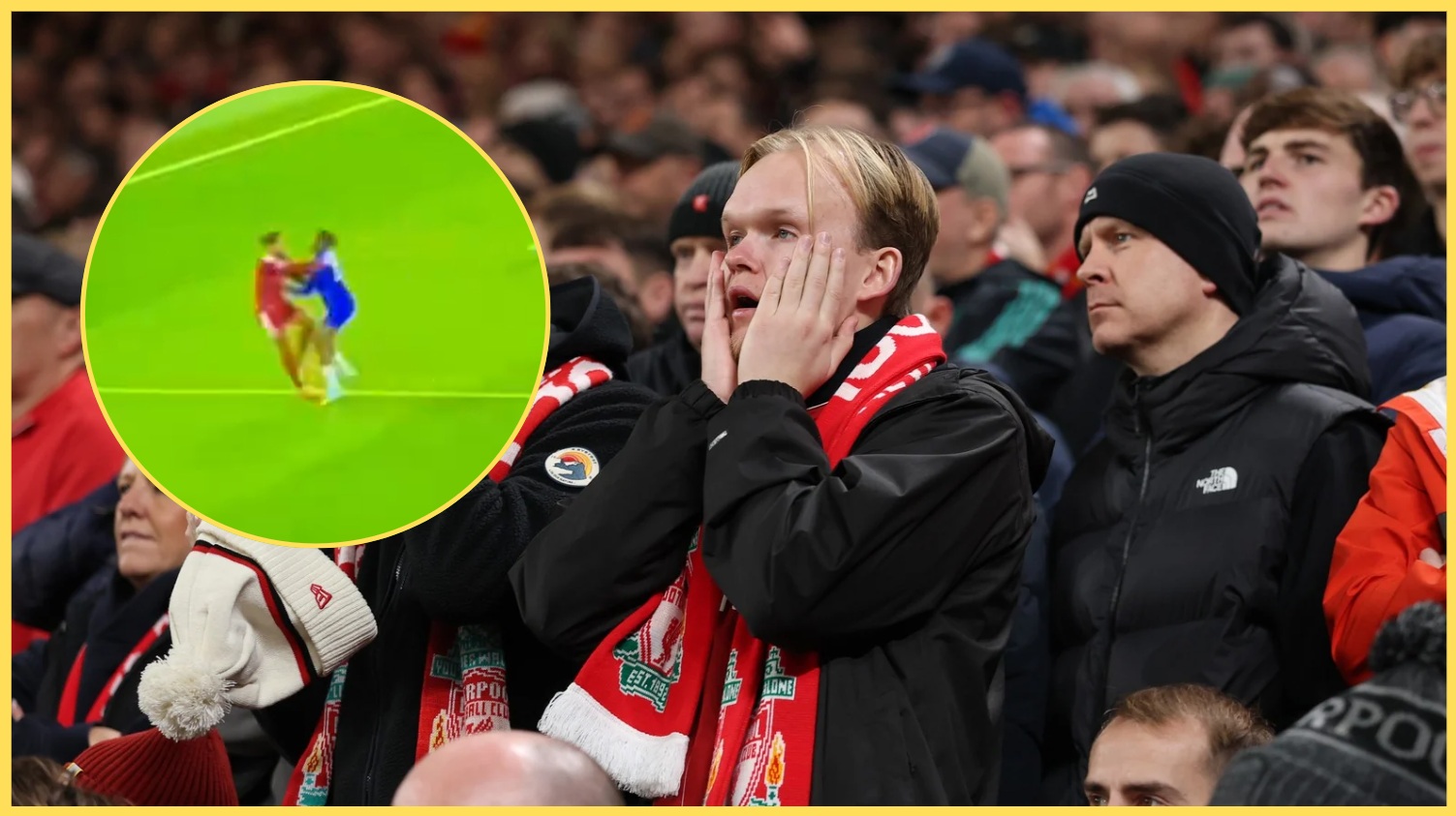 Liverpool fans react as Emmanuel Emegha pushes Virgil van Dijk to the ground