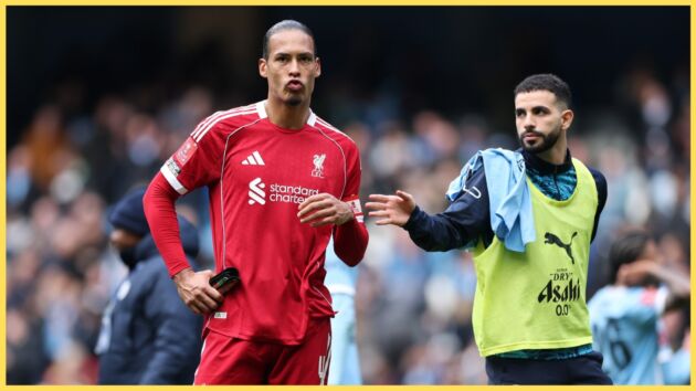 Virgil van Dijk looks glum after Liverpool's defeat to Man City in the FA Cup in April