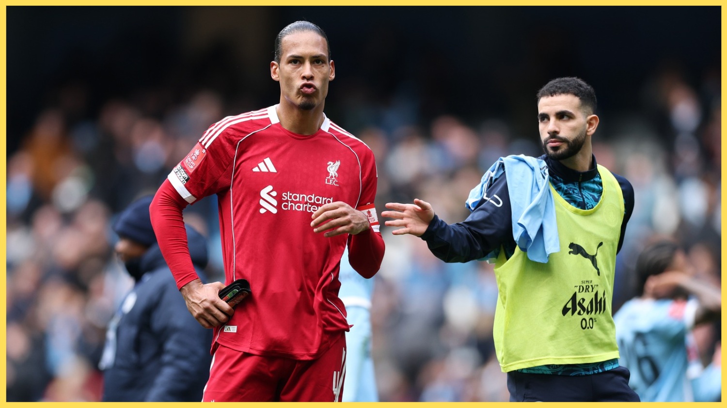Virgil van Dijk looks glum after Liverpool's defeat to Man City in the FA Cup in April