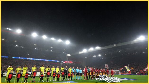Villarreal and Liverpool players line up before a Champions League game at Anfield